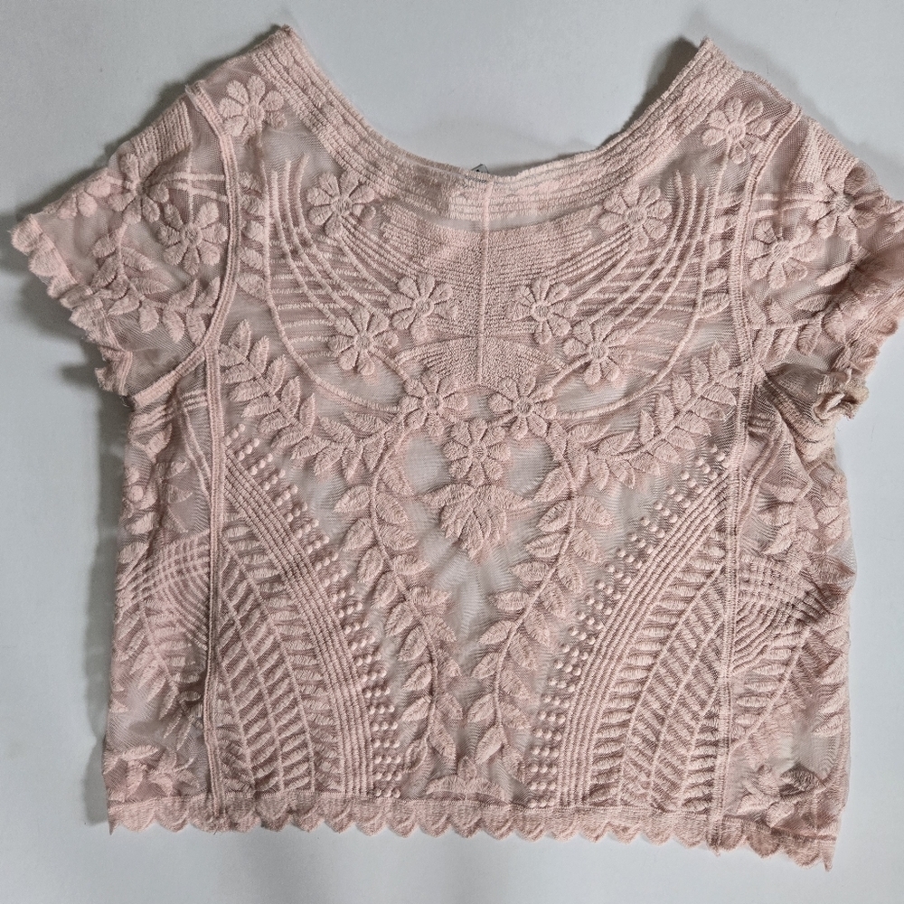 Express Sheer Embroidered Lace Crew Neck Top in soft Pink sz M - Picture 5 of 8